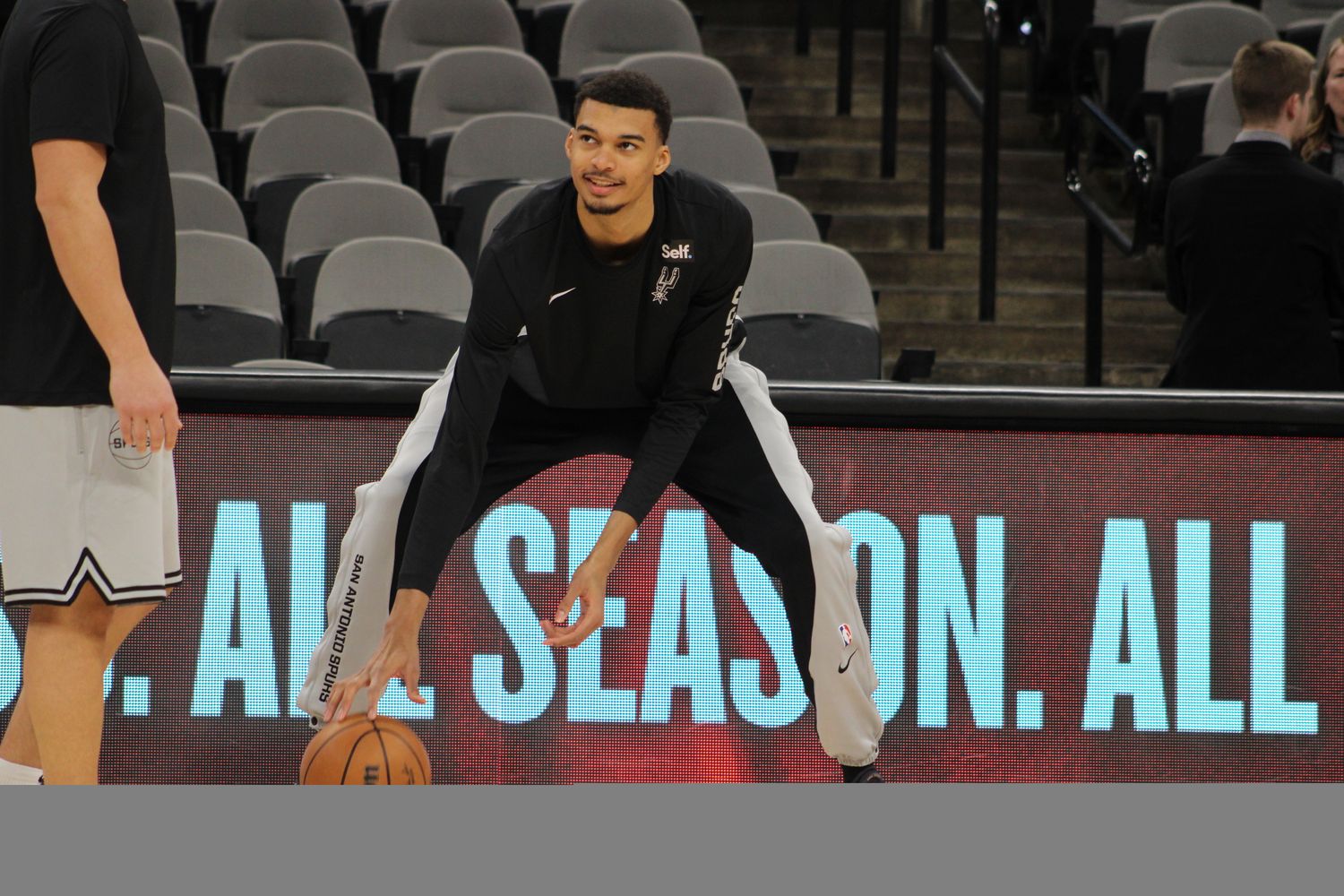 Jan 4, 2024; San Antonio, Texas, USA; San Antonio Spurs rookie Victor Wembanyama (1) warms prior to facing the Milwaukee Bucks at Frost Bank Center on his 20th birthday.