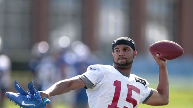 Jul 25, 2019; East Rutherford, NJ, USA; New York Giants wide receiver Golden Tate (15) throws a ball to fans after the first day of training camp at Quest Diagnostics Training Center.