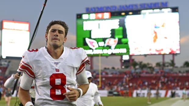 Sep 22, 2019; Tampa, FL, USA; New York Giants quarterback Daniel Jones (8) runs off the field after defeating the Tampa Bay Buccaneers at Raymond James Stadium.