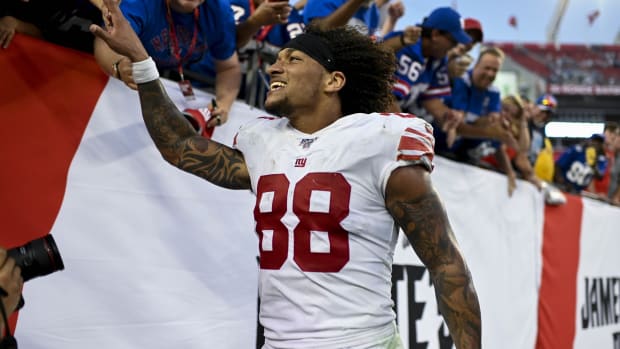 Sep 22, 2019; Tampa, FL, USA; New York Giants tight end Evan Engram (88) reacts after defeating the Tampa Bay Buccaneers at Raymond James Stadium.