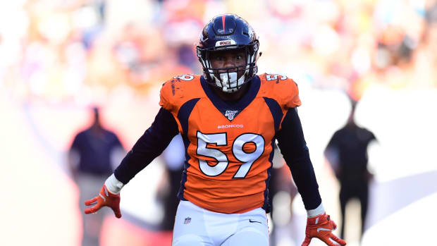 Denver Broncos linebacker Malik Reed (59) reacts to his sack in the fourth quarter against the Jacksonville Jaguars at Empower Field at Mile High.