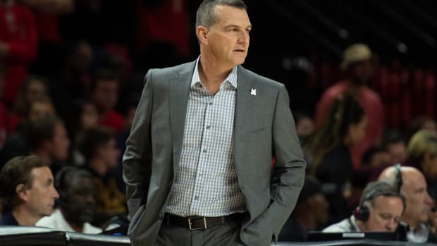 Maryland Terrapins head coach Mark Turgeon looks onto the court during the first half against the Holy Cross Crusaders at XFINITY Center. Mandatory Credit: Tommy Gilligan-USA TODAY Sports