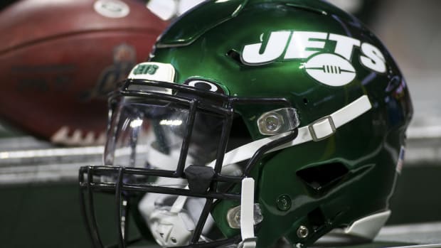 Aug 15, 2019; Atlanta, GA, USA; New York Jets helmet on the sideline against the Atlanta Falcons in the second half at Mercedes-Benz Stadium.