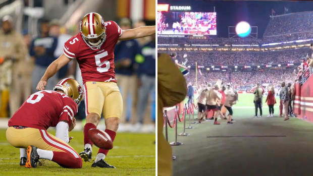 49ers' Chase McLaughlin attempts a game-winning field goal against the Seahawks on Monday Night Football