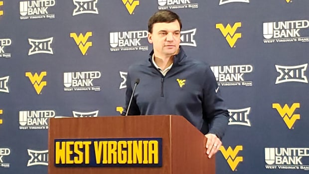 West Virginia head coach Neal Brown addressing the media during his weekly press conference following the upset win over No. 24 Kansas State