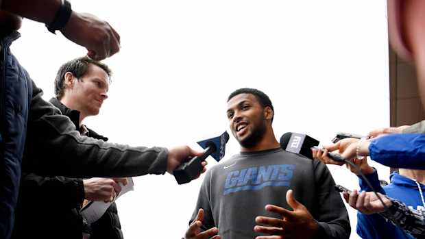 May 4, 2019; East Rutherford, NJ, USA; New York Giants cornerback Julian Love (37) speaks to the media during rookie minicamp at Quest Diagnostics Training Center.