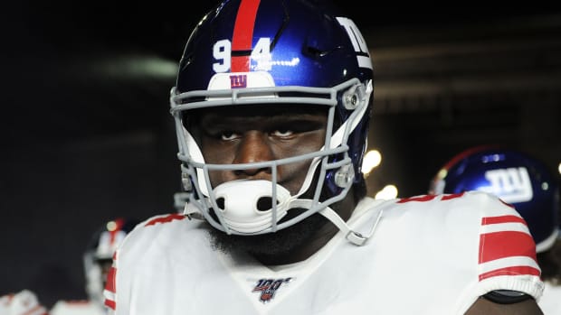 Oct 10, 2019; Foxborough, MA, USA; New York Giants defensive end Dalvin Tomlinson (94) prepares to run onto the field before a game against the New England Patriots at Gillette Stadium.