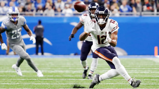 Nov 28, 2019; Detroit, MI, USA; Chicago Bears wide receiver Allen Robinson (12) attempts to catch a ball during the fourth quarter against the Detroit Lions at Ford Field. Mandatory Credit: Raj Mehta-USA TODAY Sports