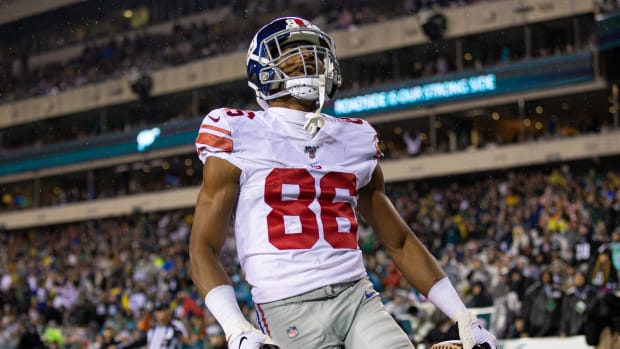 Dec 9, 2019; Philadelphia, PA, USA; New York Giants wide receiver Darius Slayton (86) reacts after his touchdown against the Philadelphia Eagles during the second quarter at Lincoln Financial Field.