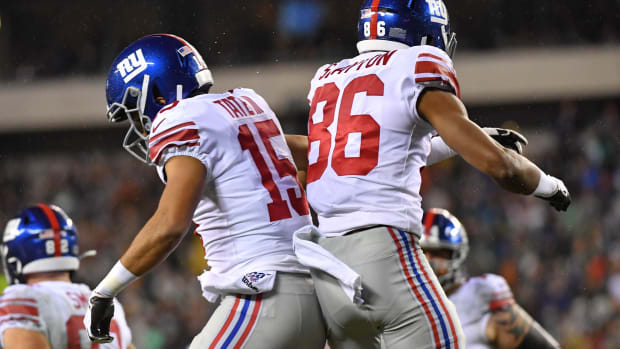 Dec 9, 2019; Philadelphia, PA, USA; New York Giants wide receiver Darius Slayton (86) celebrates his touchdown catch with wide receiver Golden Tate (15) during the second quarter against the Philadelphia Eagles at Lincoln Financial Field.