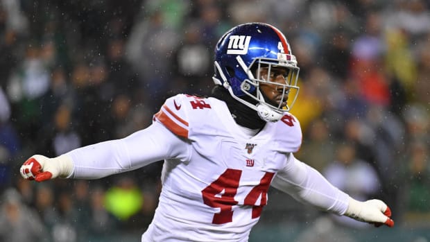Dec 9, 2019; Philadelphia, PA, USA; New York Giants linebacker Markus Golden (44) celebrates his sack during the first quarter against the Philadelphia Eagles at Lincoln Financial Field.