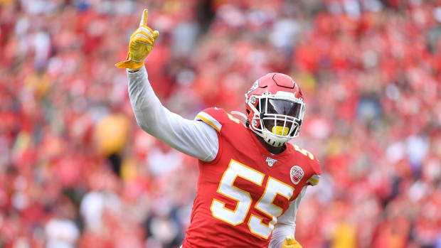 Sep 22, 2019; Kansas City, MO, USA; Kansas City Chiefs defensive end Frank Clark (55) celebrates after a sack during the second half against the Baltimore Ravens at Arrowhead Stadium. Mandatory Credit: Denny Medley-USA TODAY Sports