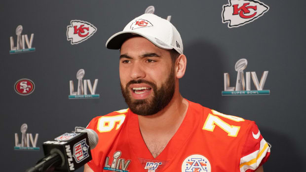 Jan 29, 2020; Miami, Florida, USA; Kansas City Chiefs offensive guard Laurent Duvernay-Tardif during a press conference for Super Bowl LIV at JW Marriott Turnberry. Mandatory Credit: Kirby Lee-USA TODAY Sports