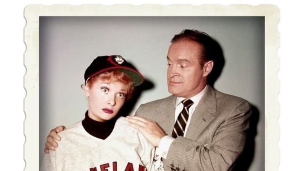 "I Love Lucy" in a full Cleveland Indians uniform w:Bob Hope, part owner of the team (1956) 2