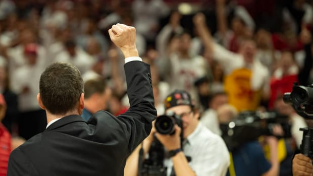 Mar 8, 2020; College Park, Maryland, USA; Maryland Terrapins head coach Mark Turgeon pumps his fist to the crowd after the game against the Michigan Wolverines at XFINITY Center. Mandatory Credit: Tommy Gilligan-USA TODAY Sports