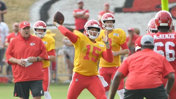 Jul 29, 2018; St. Joseph, MO, USA; Kansas City Chiefs quarterback Patrick Mahomes (15) throws a pass during training camp at Missouri Western State University. Mandatory Credit: Denny Medley-USA TODAY Sports