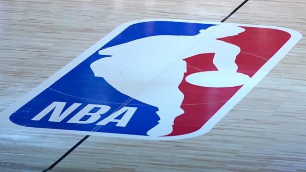 A general view of the NBA logo at center court inside the Orlando bubble at the Walt Disney World Resort campus.