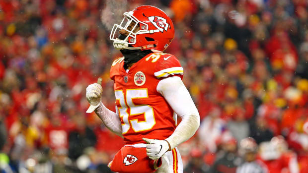 Jan 12, 2019; Kansas City, MO, USA; Kansas City Chiefs cornerback Charvarius Ward (35) dances on the field during the fourth quarter against the Indianapolis Colts in an AFC Divisional playoff football game at Arrowhead Stadium. Mandatory Credit: Jay Biggerstaff-USA TODAY Sports