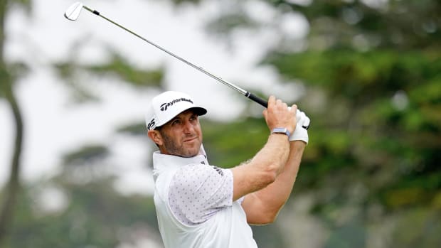 Dustin Johnson tees off on the 3rd hole during the third round of the 2020 PGA Championship golf tournament at TPC Harding Park.
