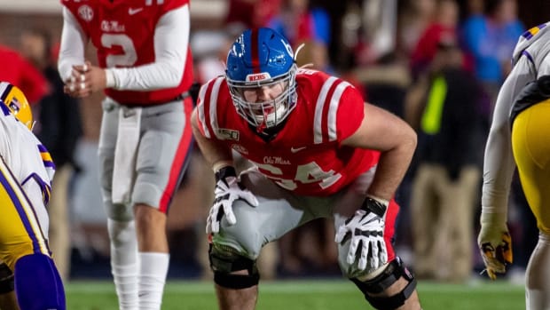 Mississippi Rebels offensive lineman Nick Broeker (64) lines up against the Louisiana State Tigers in the first half at Vaught-Hemingway Stadium. Mandatory Credit: Vasha Hunt-USA TODAY Sports
