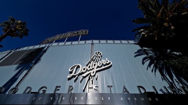 Jul 5, 2020; Los Angeles, California, United States; View of the stadium club entrance to Dodger Stadium during summer camp workouts on July 5, 2020. Mandatory Credit: Jayne Kamin-Oncea-USA TODAY Sports