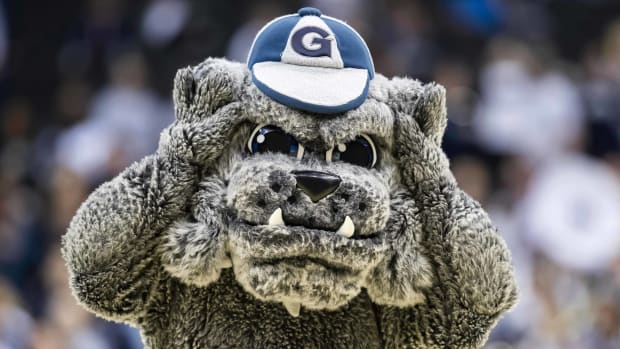 Nov 6, 2018; Washington, DC, USA; Georgetown Hoyas mascot Jack the Bulldog performs during the first half of the game between the Georgetown Hoyas and the Maryland-Eastern Shore Hawks at Capital One Arena. Mandatory Credit: Scott Taetsch-USA TODAY Sports