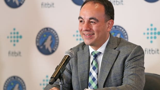 Minnesota Timberwolves president of basketball operations Gersson Rosas answers questions during a press conference in Minneapolis.