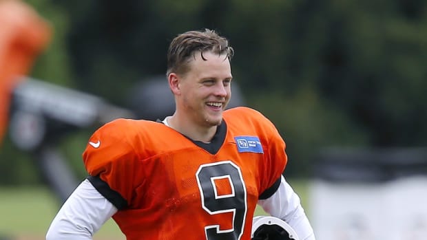 Aug 27, 2020; Cincinnati, Ohio, USA; Cincinnati Bengals quarterback Joe Burrow(9) during training camp at the teams practice facility. Mandatory Credit: Joseph Maiorana-USA TODAY Sports