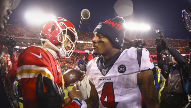 Jan 12, 2020; Kansas City, MO, USA; Kansas City Chiefs quarterback Patrick Mahomes (15) hugs Houston Texans quarterback Deshaun Watson (4) after the game between the Chiefs and the Texans in a AFC Divisional Round playoff football game at Arrowhead Stadium. Mandatory Credit: Jay Biggerstaff-USA TODAY Sports