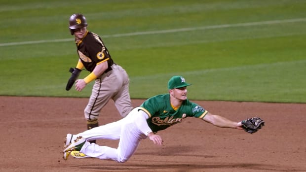 Matt Chapman came up limping after this Sept. 6 play, didn't play again and is rehabbing from hip surgery.