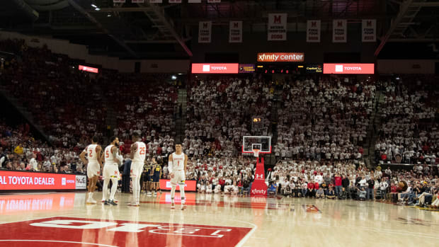 Mar 8, 2020; College Park, Maryland, USA; Maryland Terrapins stands on the court during a time out in the second half against the Michigan Wolverines at XFINITY Center. Mandatory Credit: Tommy Gilligan-USA TODAY Sports