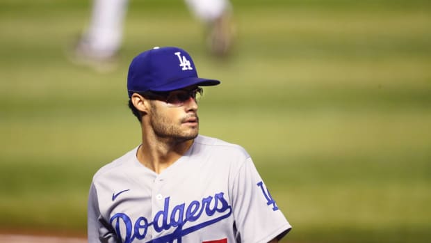 Jul 30, 2020; Phoenix, Arizona, USA; Los Angeles Dodgers pitcher Joe Kelly against the Arizona Diamondbacks during the home opener at Chase Field. Mandatory Credit: Mark J. Rebilas-USA TODAY Sports