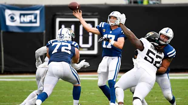 Indianapolis Colts quarterback Philip Rivers passes during Sunday's road loss at Jacksonville.