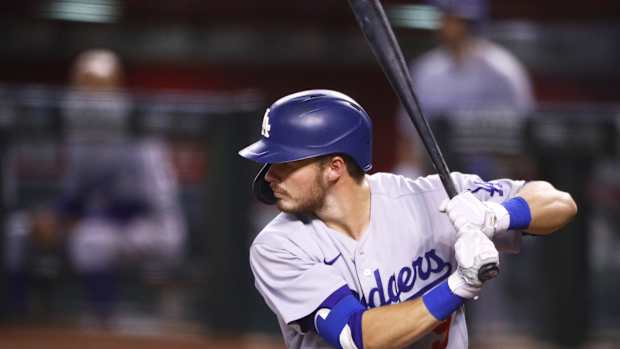 Sep 8, 2020; Phoenix, Arizona, USA; Los Angeles Dodgers second baseman Gavin Lux against the Arizona Diamondbacks at Chase Field. Mandatory Credit: Mark J. Rebilas-USA TODAY Sports