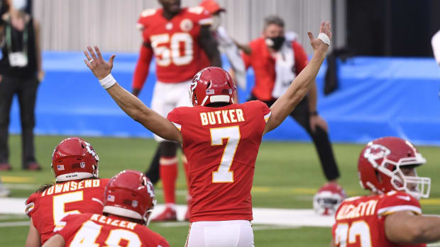 Sep 20, 2020; Inglewood, California, USA; Kansas City Chiefs kicker Harrison Butker (7) celebrates with teammates after kicking the game-winning 58-yard field goal against the Los Angeles Chargers during overtime at SoFi Stadium. Mandatory Credit: Robert Hanashiro-USA TODAY Sports