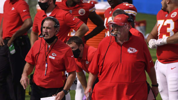 Sep 20, 2020; Inglewood, California, USA; Kansas City Chiefs head coach Andy Reid (right) with defensive coordinator Steve Spagnuolo (left) against the Los Angeles Chargers during the third quarter at SoFi Stadium. Mandatory Credit: Robert Hanashiro-USA TODAY Sports