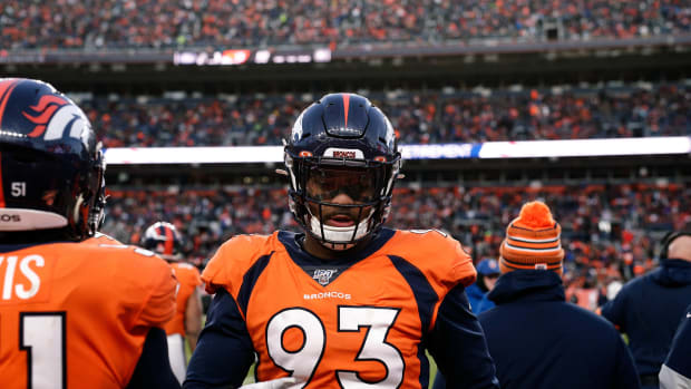 Denver Broncos defensive end Dre'Mont Jones (93) in the third quarter against the Oakland Raiders at Empower Field at Mile High.