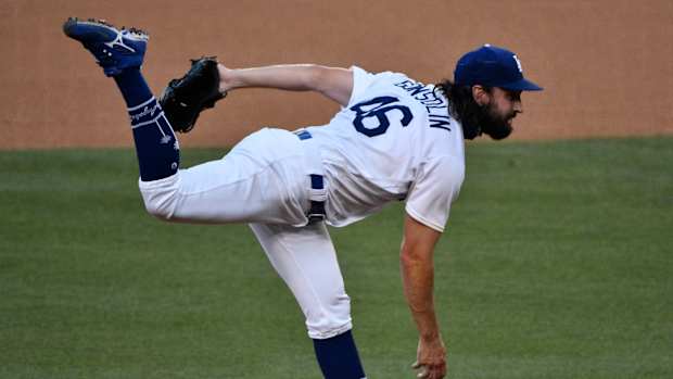Sep 5, 2020; Los Angeles, California, USA; Los Angeles Dodgers starting pitcher Tony Gonsolin (46) follows through on a pitch in the first inning against the Colorado Rockies at Dodger Stadium. Mandatory Credit: Robert Hanashiro-USA TODAY Sports
