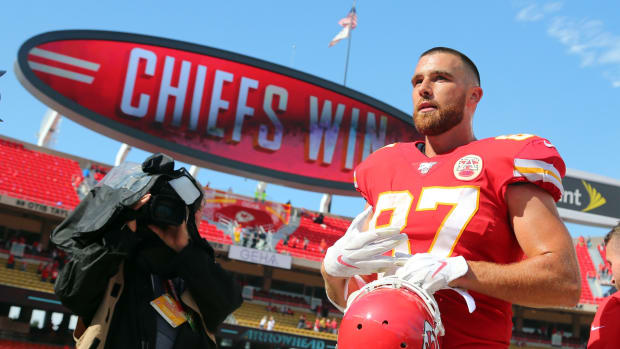 Sep 22, 2019; Kansas City, MO, USA; Kansas City Chiefs tight end Travis Kelce (87) leaves the field after defeating the Baltimore Ravens at Arrowhead Stadium. Mandatory Credit: Jay Biggerstaff-USA TODAY Sports