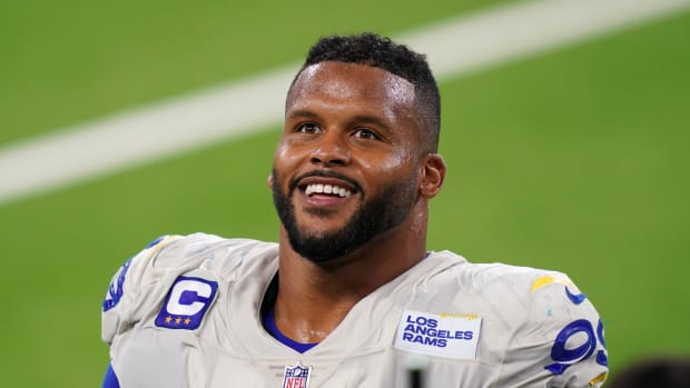 Sep 13, 2020; Inglewood, California, USA; Los Angeles Rams defensive lineman Aaron Donald (99) reacts after the game against the Dallas Cowboys at SoFi Stadium. The Rams defeated the Cowboys 20-17.