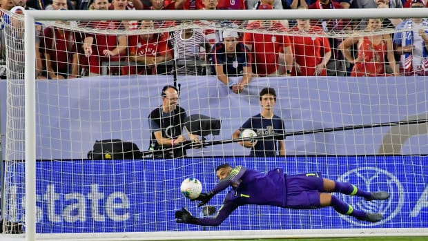 Jul 3, 2019; Nashville, TN, USA; USA goalkeeper Zack Steffen (1) blocks the shoot by Jamaica during the first half of semi-final play in the CONCACAF Gold Cup soccer tournament at Nissan Stadium. Mandatory Credit: Jim Brown-USA TODAY Sports
