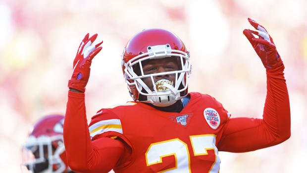 Jan 19, 2020; Kansas City, Missouri, USA; Kansas City Chiefs cornerback Rashad Fenton (27) against the Tennessee Titans in the AFC Championship Game at Arrowhead Stadium. Mandatory Credit: Mark J. Rebilas-USA TODAY Sports