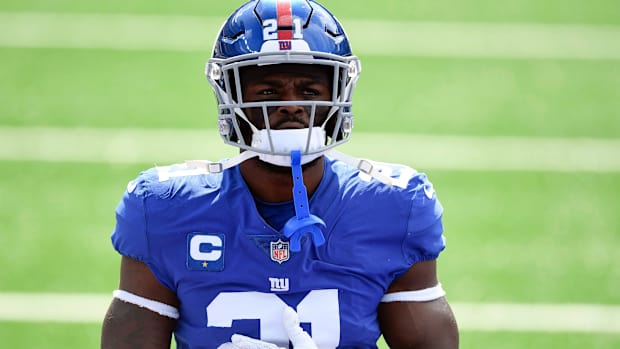 New York Giants safety Jabrill Peppers (21) on the field for warmups before facing the San Francisco 49ers in an NFL game at MetLife Stadium on Sunday, Sept. 27, 2020, in East Rutherford.