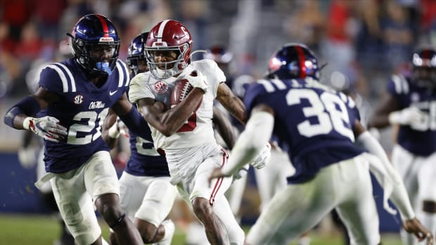 Alabama wide receiver DeVonta Smith (6) runs the ball against Mississippi at Vaught-Hemingway Stadium. Mandatory Credit: Kent Gidley via USA TODAY Sports