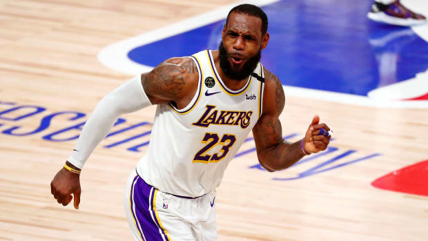 Los Angeles Lakers forward LeBron James celebrates after a play