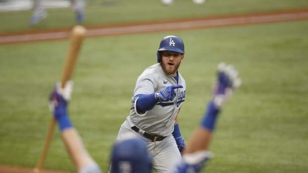 Oct 14, 2020; Arlington, Texas, USA; A detail view of the scoreboard after the Los Angeles Dodgers score 11 runs against the Atlanta Braves during the first inning of game three of the 2020 NLCS at Globe Life Field. Mandatory Credit: Tim Heitman-USA TODAY Sports