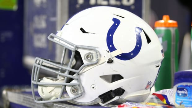 An Indianapolis Colts helmet on the sideline during a game.
