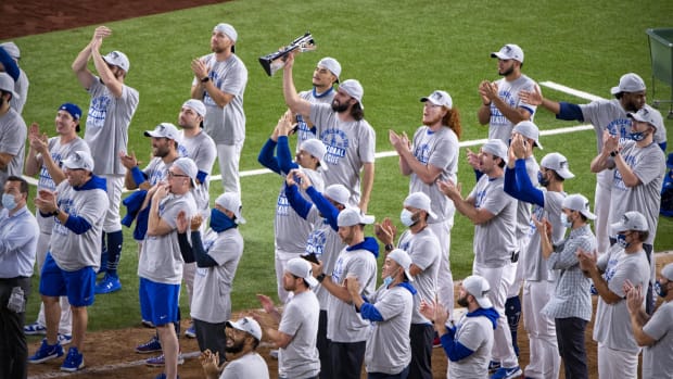 Oct 18, 2020; Arlington, Texas, USA; The Los Angeles Dodgers celebrate defeating the Atlanta Braves in game seven of the 2020 NLCS at Globe Life Field. Mandatory Credit: Jerome Miron-USA TODAY Sports