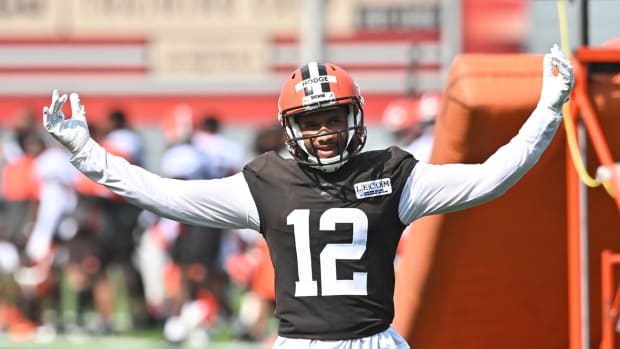 Aug 14, 2020; Berea, Ohio, USA; Cleveland Browns wide receiver KhaDarel Hodge (12) celebrates a long touchdown catch during training camp at the Cleveland Browns training facility. Mandatory Credit: Ken Blaze-USA TODAY Sports