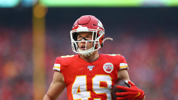 Jan 12, 2020; Kansas City, Missouri, USA; Kansas City Chiefs safety Daniel Sorensen (49) against the Houston Texans in the AFC Divisional Round playoff football game at Arrowhead Stadium. Mandatory Credit: Mark J. Rebilas-USA TODAY Sports